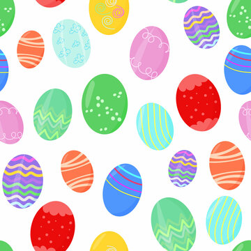 seamless cute patterns with decorative eggs. Happy Easter holiday on a white background for printing on fabric or gift wrapping. Vector flat illustration