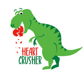 Heart Crusheer - funny hand drawn doodle, cartoon dino. Good for Poster or t-shirt textile graphic design. Vector hand drawn illustration. Happy Valentine's Day!