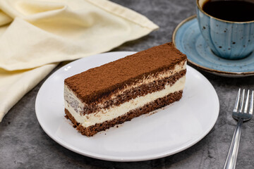 portion tiramisu cake on dark background. Traditional world cuisine delicacies. Close-up.