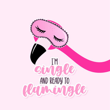 I'm single and ready to flamingle - Valentine's Day hand drawn illustration with two Flamingo couple in love. Handmade lettering print. Vector adorable illustration with cute birds with tangled neck. 