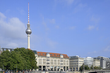 Berlin Television tower viewzed from the Spree riverbank, Berlin Mitte district, Berlin, Germany