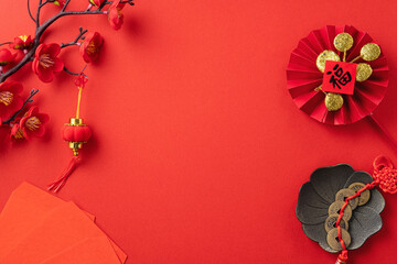 Chinese lunar new year background design concept with red plum blossom and festive decoration.