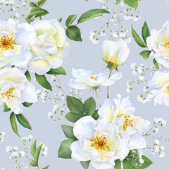 Seamless floral pattern with bouquets of the wild white roses, buds, green leaves and gypsophila flowers hand drawn in watercolor isolated on a light blue background. Watercolor floral pattern.	
