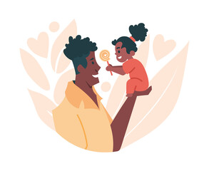 Sweet moments of fatherhood concept, happy african father holding cute little daughter on palm. Happy black family. Vector flat illustration.