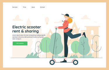 Cute female character in a hat rides a scooter down the street. Electric scooter rental and sharing. Eco-friendly urban environment. Landing page concept. Vector flat illustration.