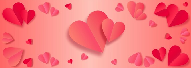A banner for Valentine's Day with red and pink realistic 3d hearts. Text 