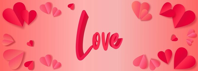 A banner for Valentine's Day with red and pink realistic 3d hearts. Text 