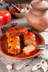 Cabbage with meat, rice and vegetables. Stuffed cabbage leaves with meat. Chu farchi, dolma, sarma, cabbage rolls