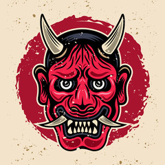 Hannya japanese theater horned red mask vintage vector colored illustration in retro style with grunge textures