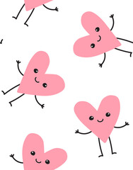 Vector seamless pattern of flat hand drawn hearts with faces isolated on white background