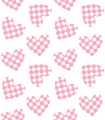 Vector seamless pattern of pink hand drawn hearts with chessboard checkered texture isolated on white background