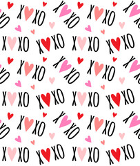 Vector seamless pattern of Valentine xoxo text and red hearts isolated on white background
