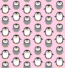 Vector seamless pattern of flat penguin isolated on pink background