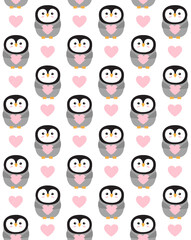 Vector seamless pattern of flat penguin with heart isolated on white background