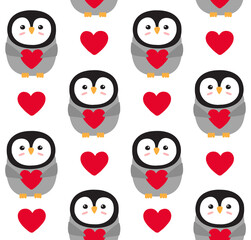 Vector seamless pattern of flat penguin with heart isolated on pink background