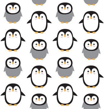 Vector seamless pattern of flat penguin isolated on white background