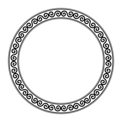 Circle frame, with meander made of a Celtic double spiral pattern. Decorative round border, made of alternate flipped double spirals, rotating around a midpoint, shaping a repeated motif. Illustration