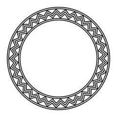 Fototapeta na wymiar Circle frame, with a meander, made of a zigzag line pattern. Decorative, round border, made of three bold serrated lines, surrounded and framed by bold circles. Black and white illustration. Vector.