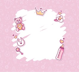 Baby Shower Background in pink colors. Baby Arrival Cartoon Vector Illustration with Copy Space, baby icons and pattern. It is a girl.