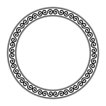 Circle frame, with meander made of a Celtic double spiral pattern. Decorative round border, made of alternate flipped double spirals, rotating around a midpoint, shaping a repeated motif. Illustration
