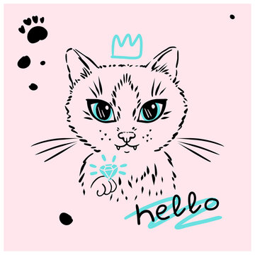 Bright cute fashionable digital print for children accessories cat girl with diamond and crown and the inscription hello and pink background with spots.