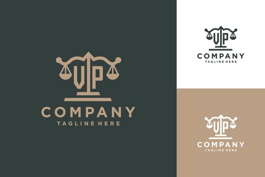 VP initials for lawyer service, attorney, law firm business identity logo template. VP letters with scales of justice symbol vector graphic