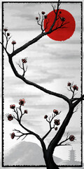 Japanese tree with a thin, curving trunk, delicate flowers and sharp branches without leaves. A young plant, blooming sakura with a long, winding trunk, on background gray clouds, volcano and red sun.