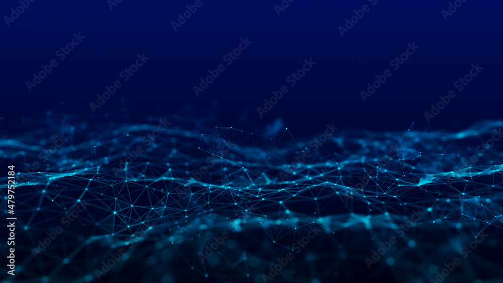 Poster 3D digital dynamic wave. Flow digital structure. Secure cybersecurity data connection. Cyber technology background. 3D rendering.