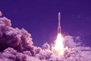 Take off space rocket on a background of blue sky and sun. Elements of this image were furnished by NASA