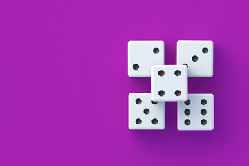 Board games. Addiction to gambling. Casino games. Random winnings. Jackpot. Leisure entertainment for the whole family. Stack of dice on violet background. Top view. Copy space. 3d render