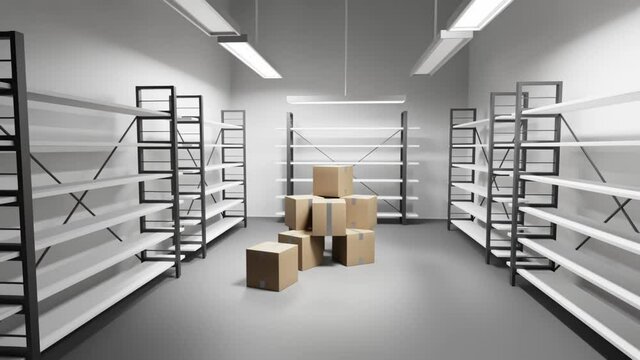 Warehouse with empty metal racks and pile stacked sealed cardboard boxes on floor. Interior of industrial storage cold room with walls and lamps, refrigerator chamber in factory or store, 3d render