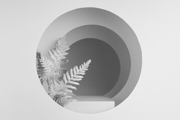 White abstract scene with rectangle podium, white fern leaves, circles frames, arches with perspective, light as stage template in minimal floral style for presentation products, advertising, design.