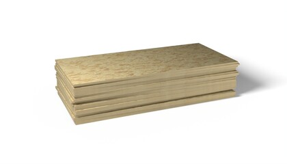 3d render illustration OSB boards from wood chips isolated on white background. Realistic wooden building materials. Stack of wooden boards for construction.

