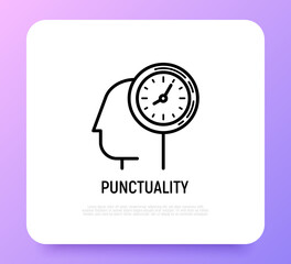 Punctuality, time management thin line icon. Silhouette of human head with watch. Modern vector illustration.