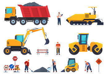 Naklejka premium Collection industrial workers with machines road construction vector flat illustration