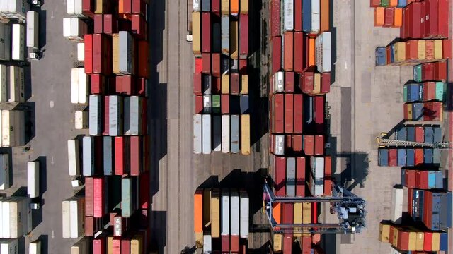 Top down aerial view of container port and shipping docks in Rio de Janeiro, Brazil. 