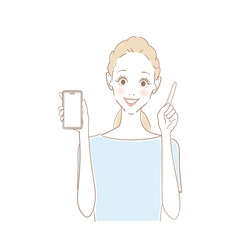 スマホを指さす笑顔の女性