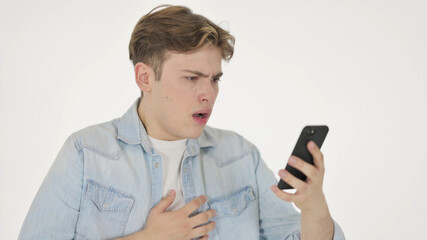 Young Man Loss on Smartphone on White Background