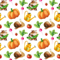 Seamless watercolor pattern with collection of vegetables and cute garden creatures.