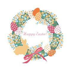 Vector Easter Greeting Wreath with eggs and polka dot design on the white background.