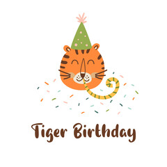 Tiger birthday logo. Jungle birthday party graphic element. Cute wild cat in festive hat with party whistle. Hand drawn tiger head isolated on white. Kids vector illustration. Decorative wild animal.