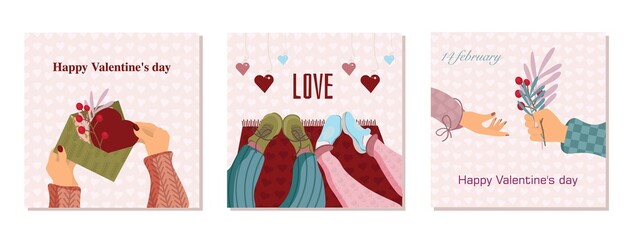 A set of illustrations for Valentine's Day. Love motives. An envelope with a heart, lovers' feet, hands with a bouquet, a background in the heart.