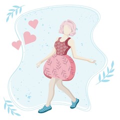Valentine's day illustration, stylish girl, dance, heart.