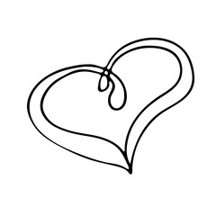 The heart is a black outline on a white background. Doodle style. A white heart. A cute hand-drawn heart highlighted on a white background. Pendant with a black outline for Valentine's Day