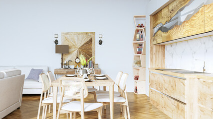 Modern stylish kitchen interior, room with wooden floor, table and sofa. 3D rendering