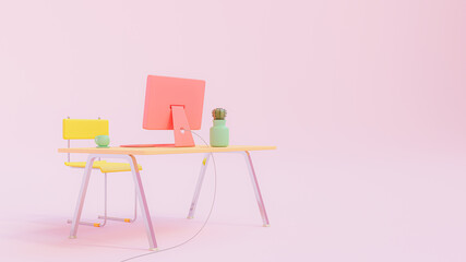 Orange desk and yellow chair in pink room. orange-pink computer on table and green accessories. Copy space for your text. bright office desk concept, 3D Render.