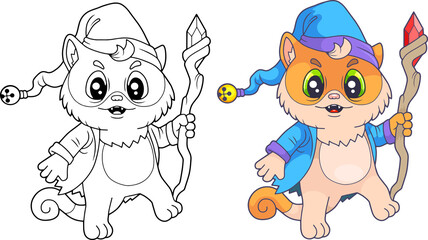 cartoon cute cat wizard, coloring book, funny illustration