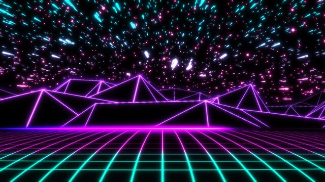 Concept 19-N1 Infinite abstract neon retrowave looping animated background with moving grid floor, moving terrain, sun animation and stars movement.