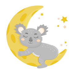 Lazy koala sleeping on the moon. Vector illustration of cute koala. Lovely Australian Animal Cartoon.