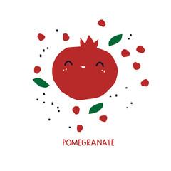 Cute pomegranate cartoon character. Vector children's illustration. A healthy fruit with a happy face